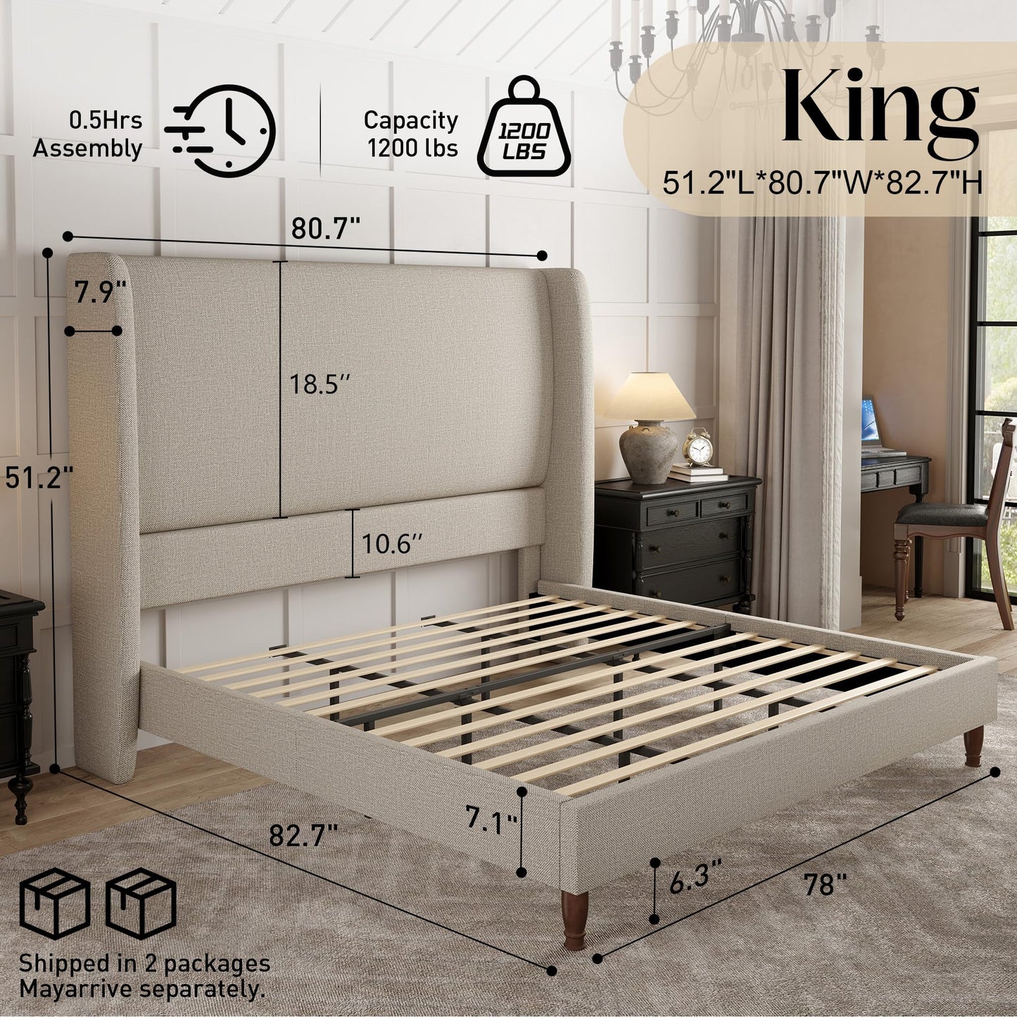 Tall Upholstered Bed Frame with Wingback Headboard-King-Off-white