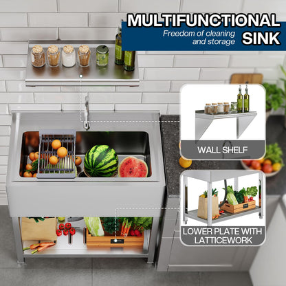 Plinth Stainless Steel Utility Sink with Faucet & Storage-Single Bowl with Wall Rack