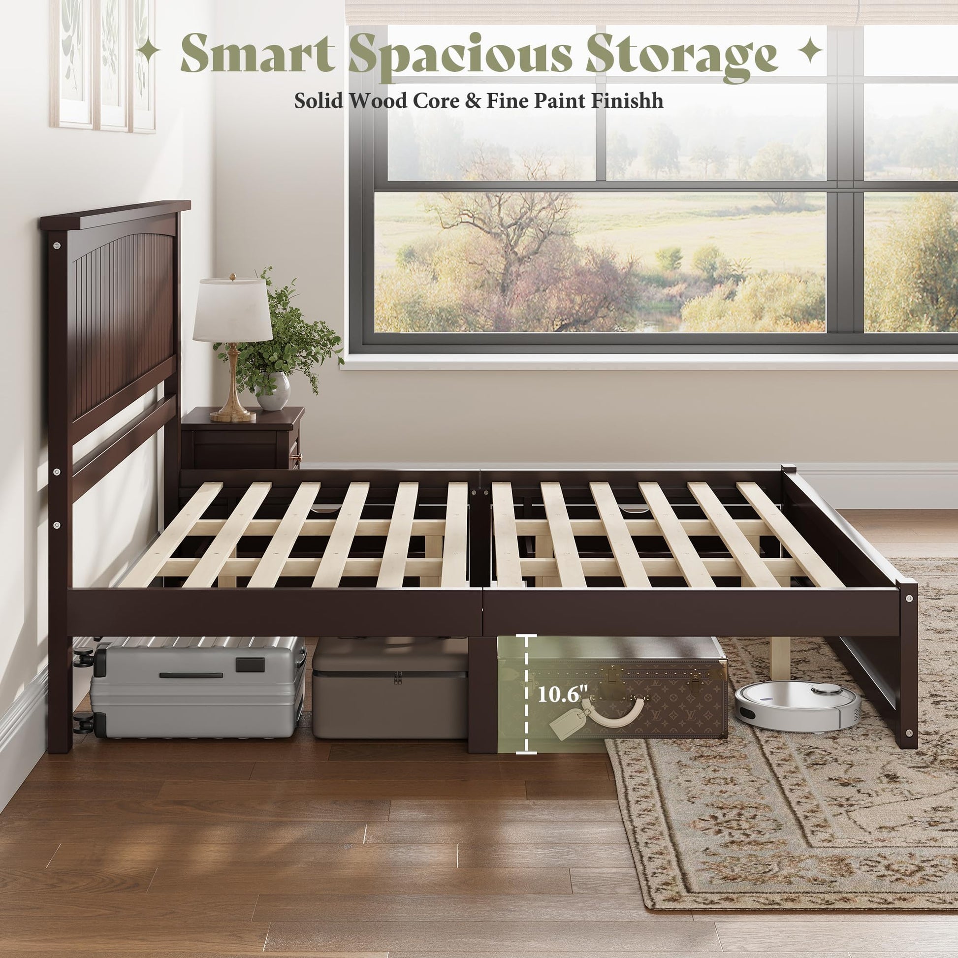 Solid Wood Platform Bed Frame-Queen-Espresso Brown
