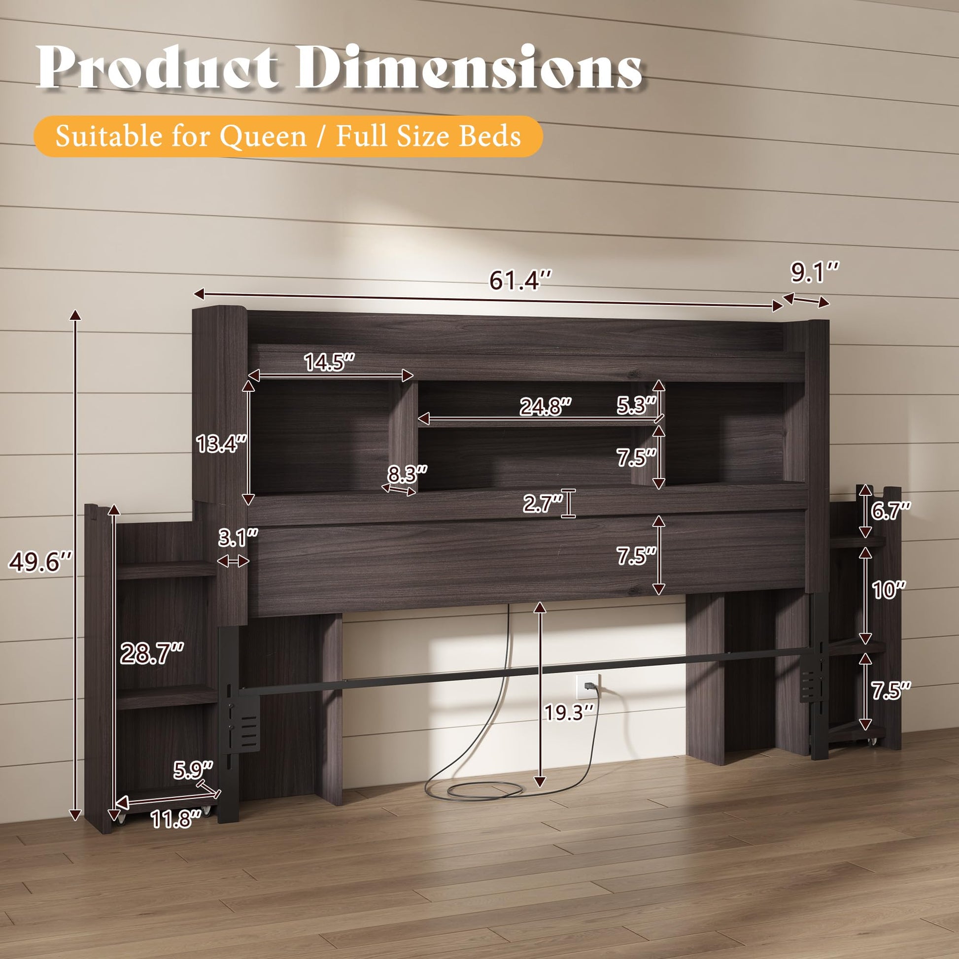 Farmhouse King Headboard with Storage & LED Lighting-Black Oak-Queen