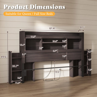 Farmhouse King Headboard with Storage & LED Lighting-Black Oak-Queen