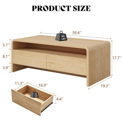 Modern Wood Grain Coffee Table with Drawers-Natural Oak-Flat