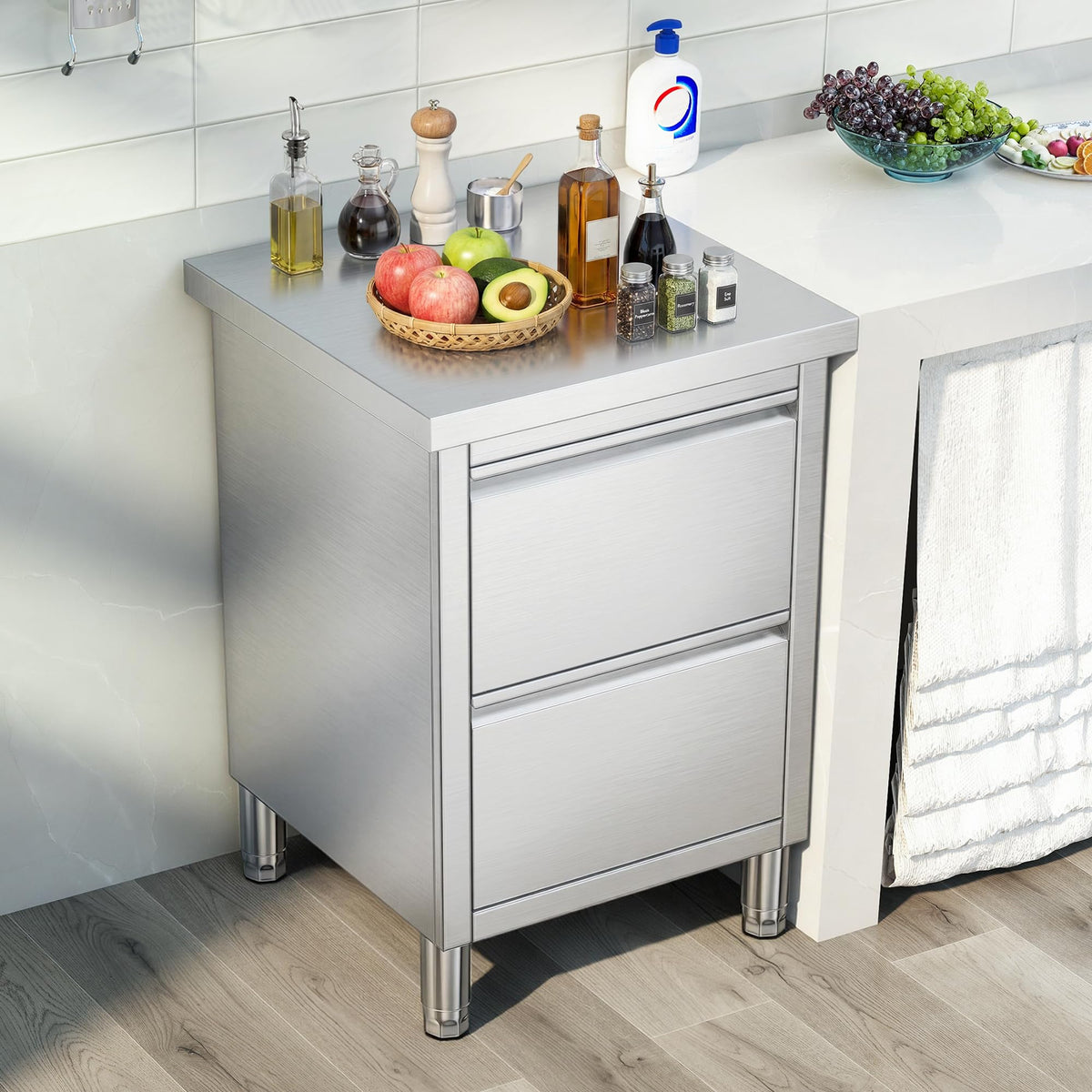 Stainless Steel Work Table with Cabinet & Drawers-24" x 24" x 34" - Double Drawer Cabinet