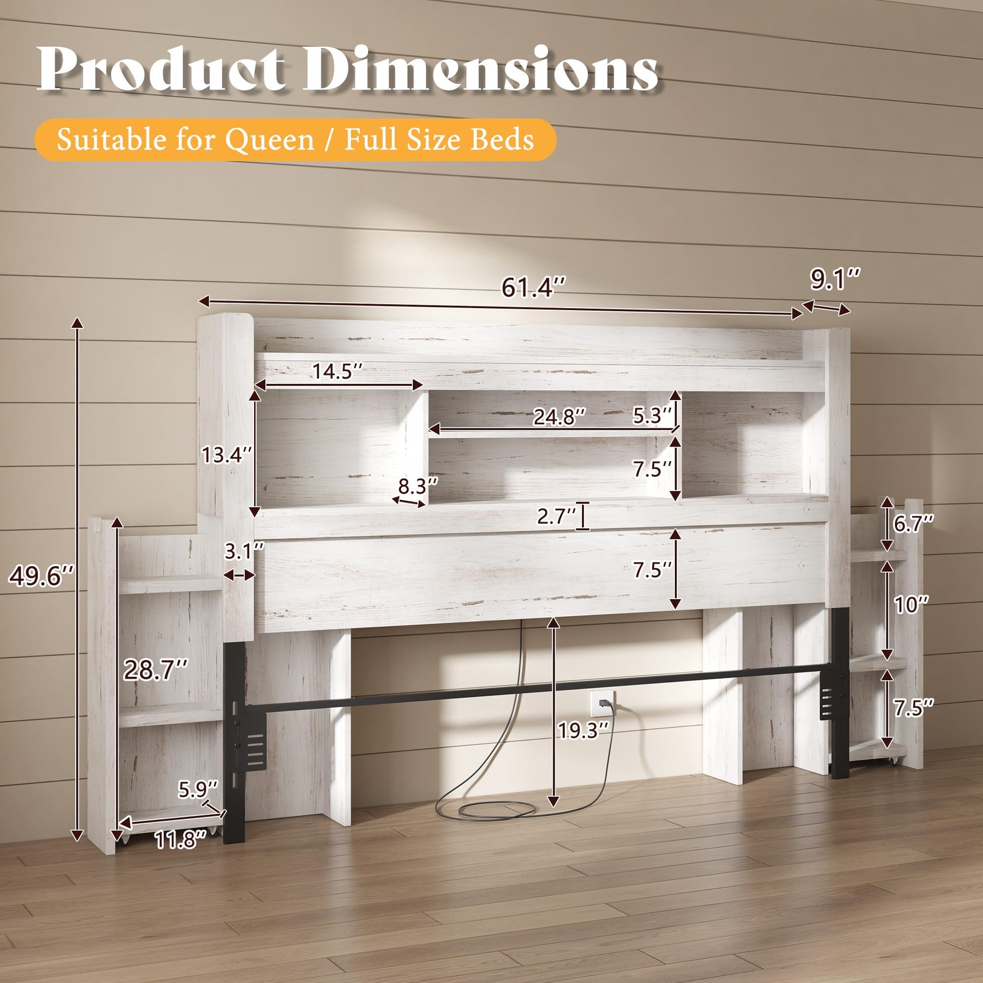 Farmhouse King Headboard with Storage & LED Lighting-Distressed White-Queen
