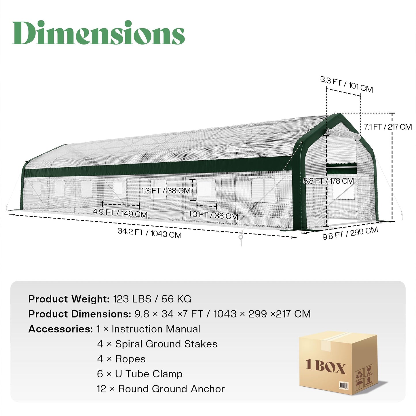 Canopy 34x10 FT Walk-In Greenhouse with Watering System-White+Green-34x10 FT