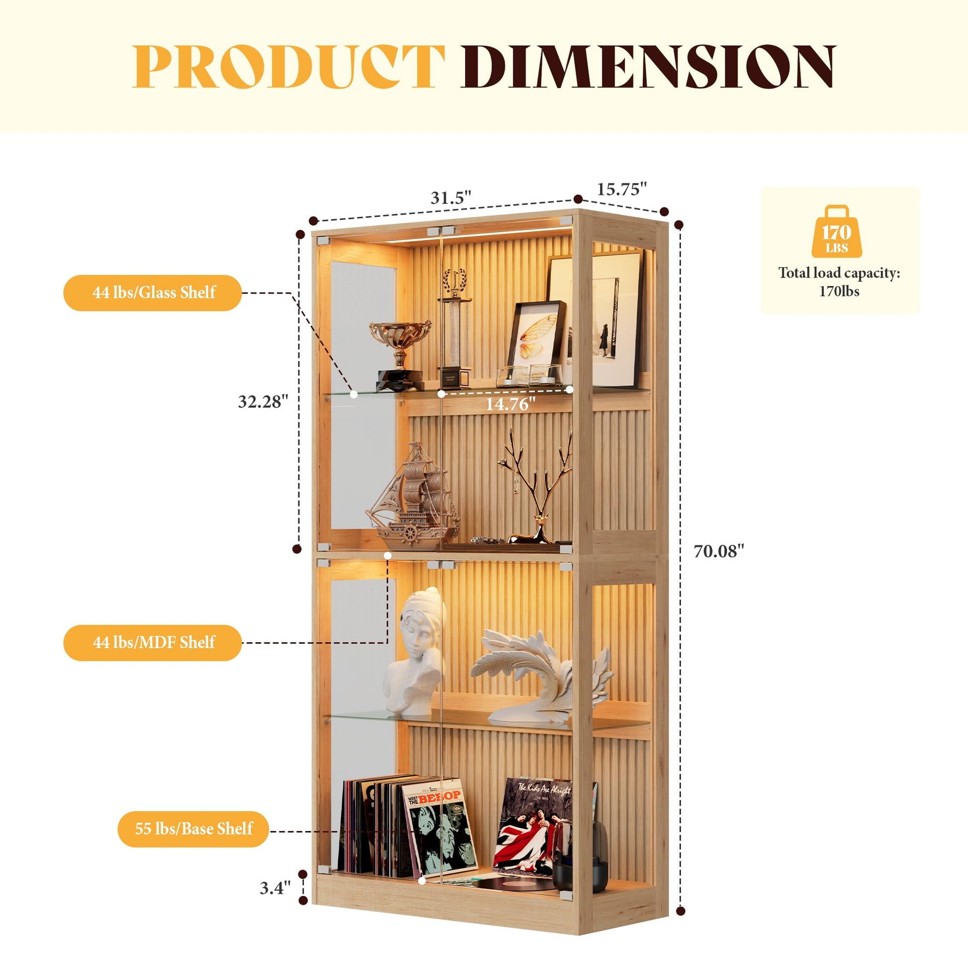 RGB Display Cabinet with Adjustable Glass Shelves Amerlife Wood / 32x16x70in