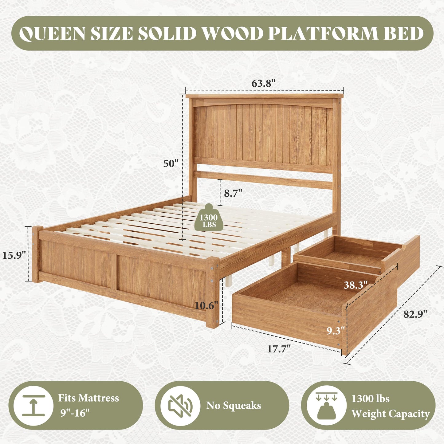 Solid Wood Platform Bed Frame-Queen-Warm Brown