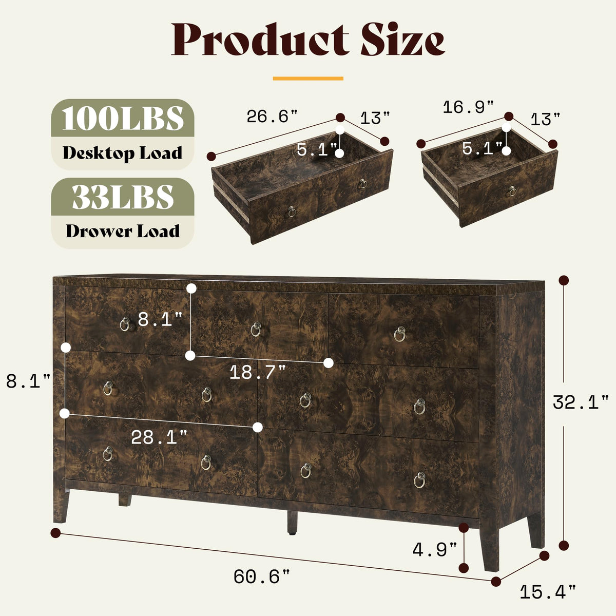 Burl Mid Century 7-Drawer Wood Dresser-Brown