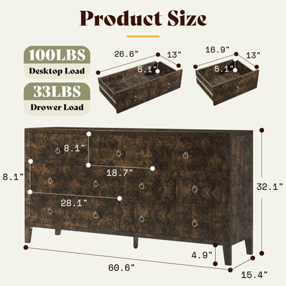 Burl Mid Century 7-Drawer Wood Dresser-Brown