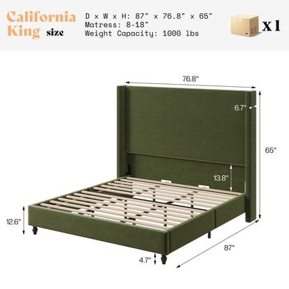 Cordelle Corduroy Wingback Bed Frame-California King-Green