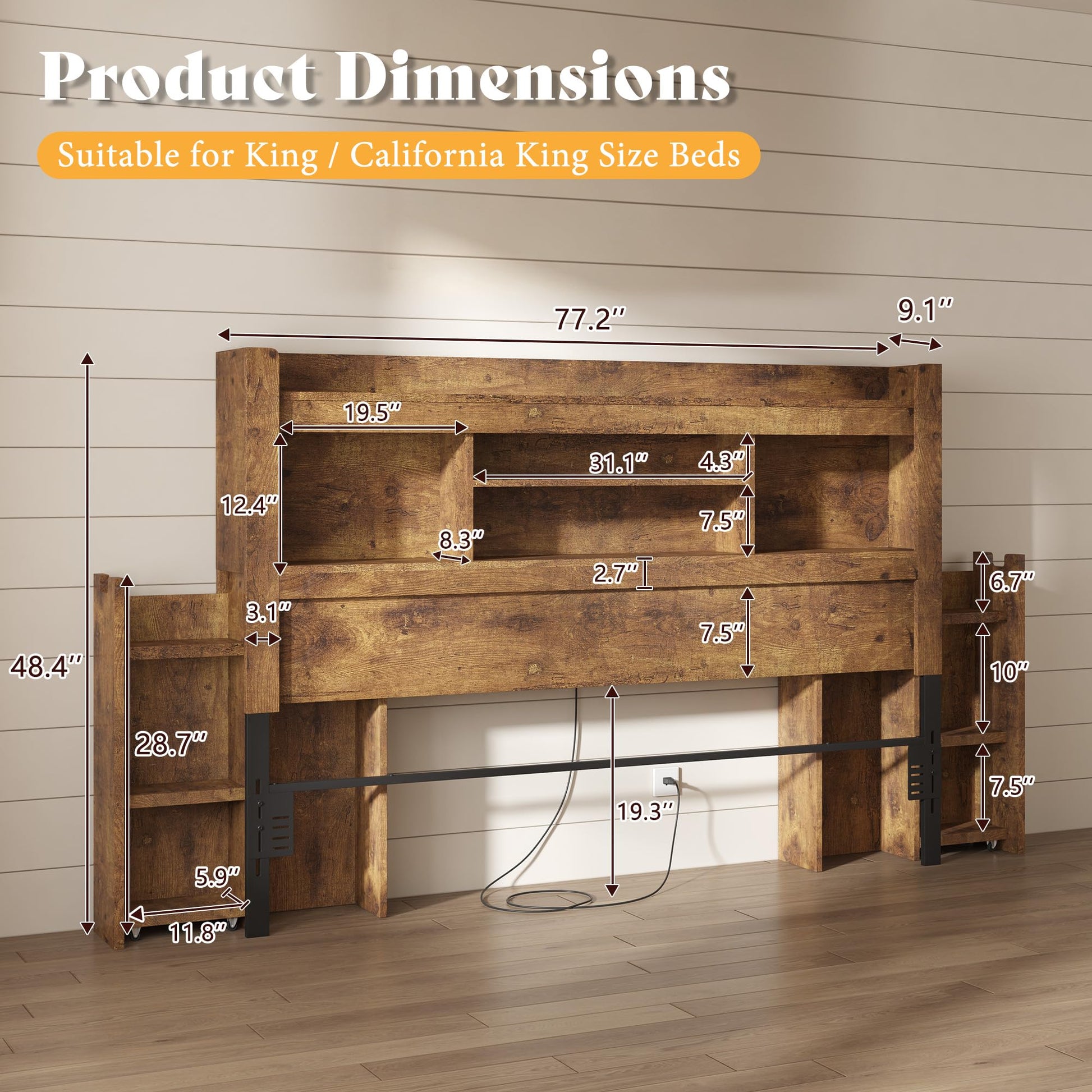 Farmhouse King Headboard with Storage & LED Lighting-Rustic Brown-King