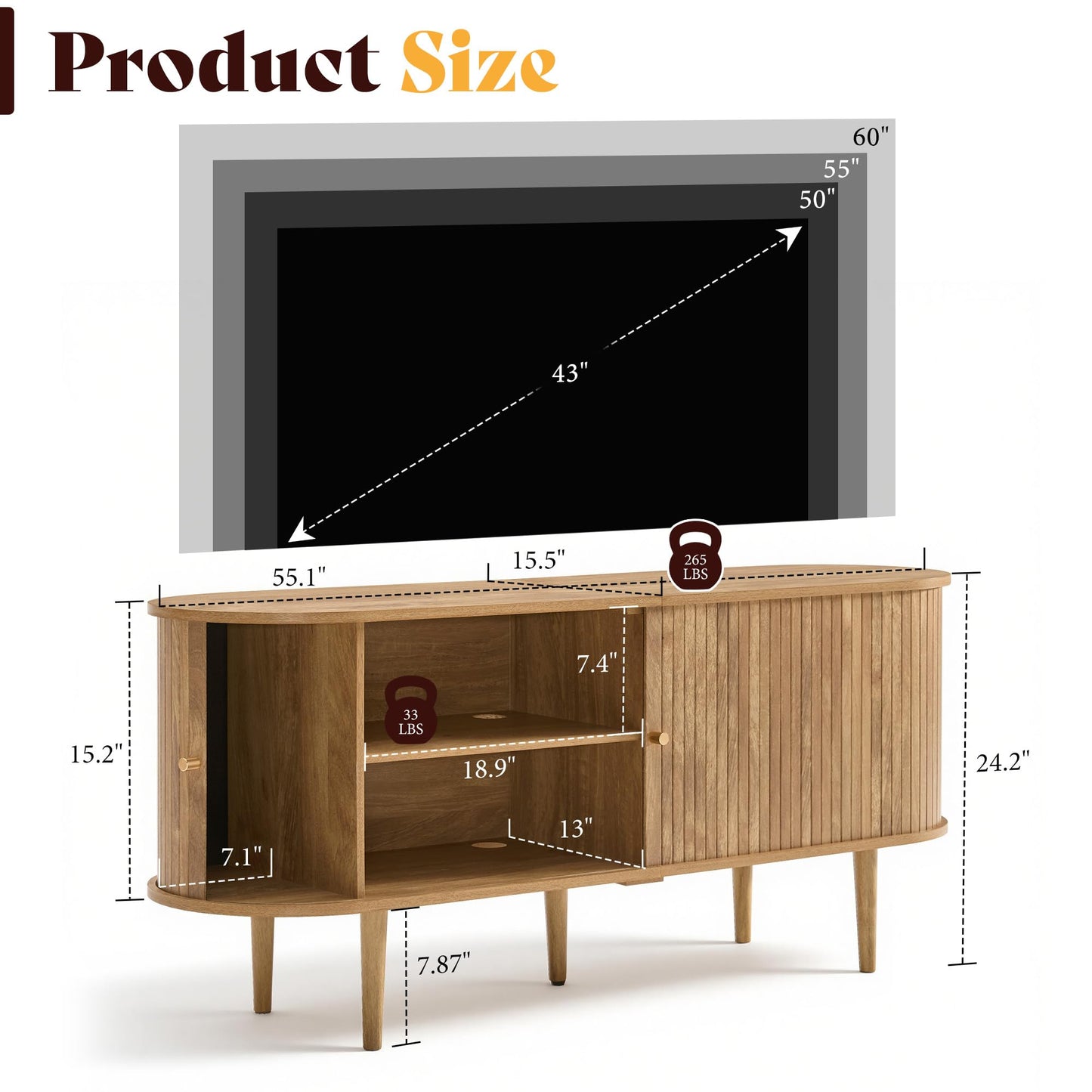 55" Mid-Century Modern TV Stand-Natural Oak