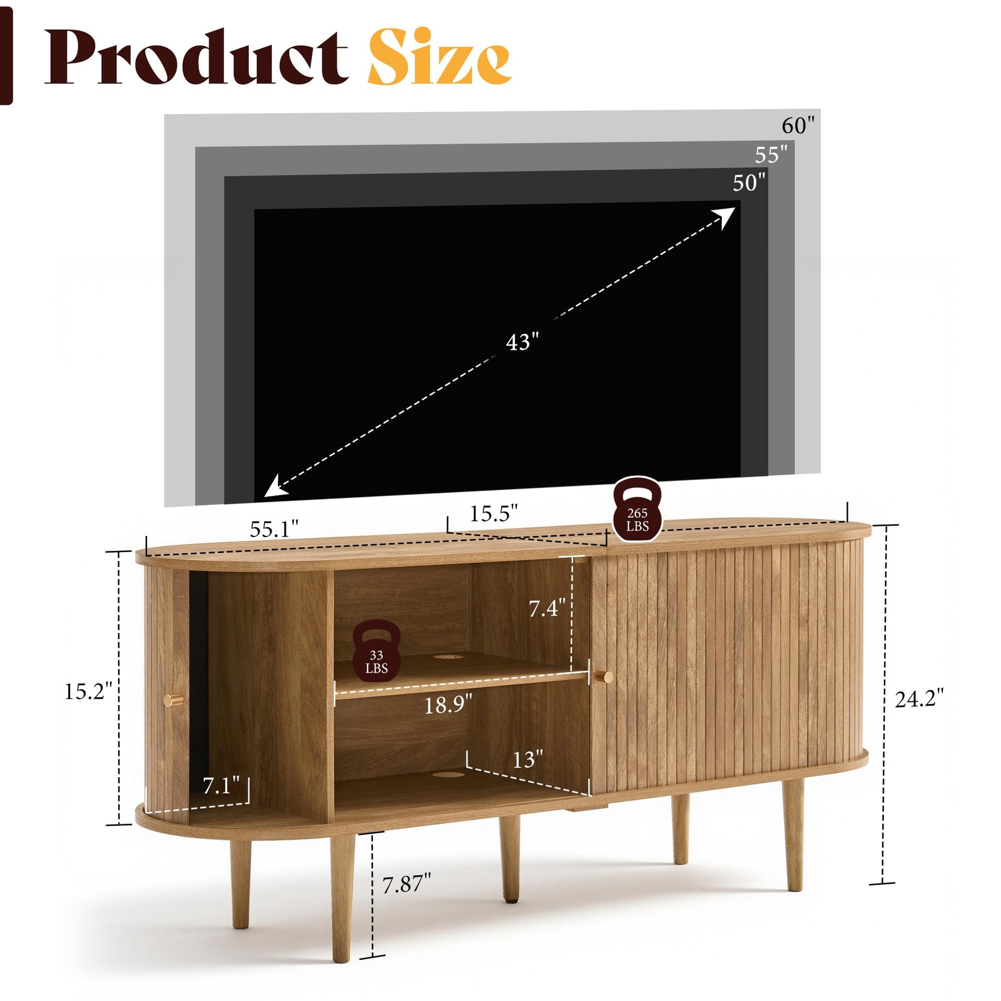 55" Mid-Century Modern TV Stand-Natural Oak