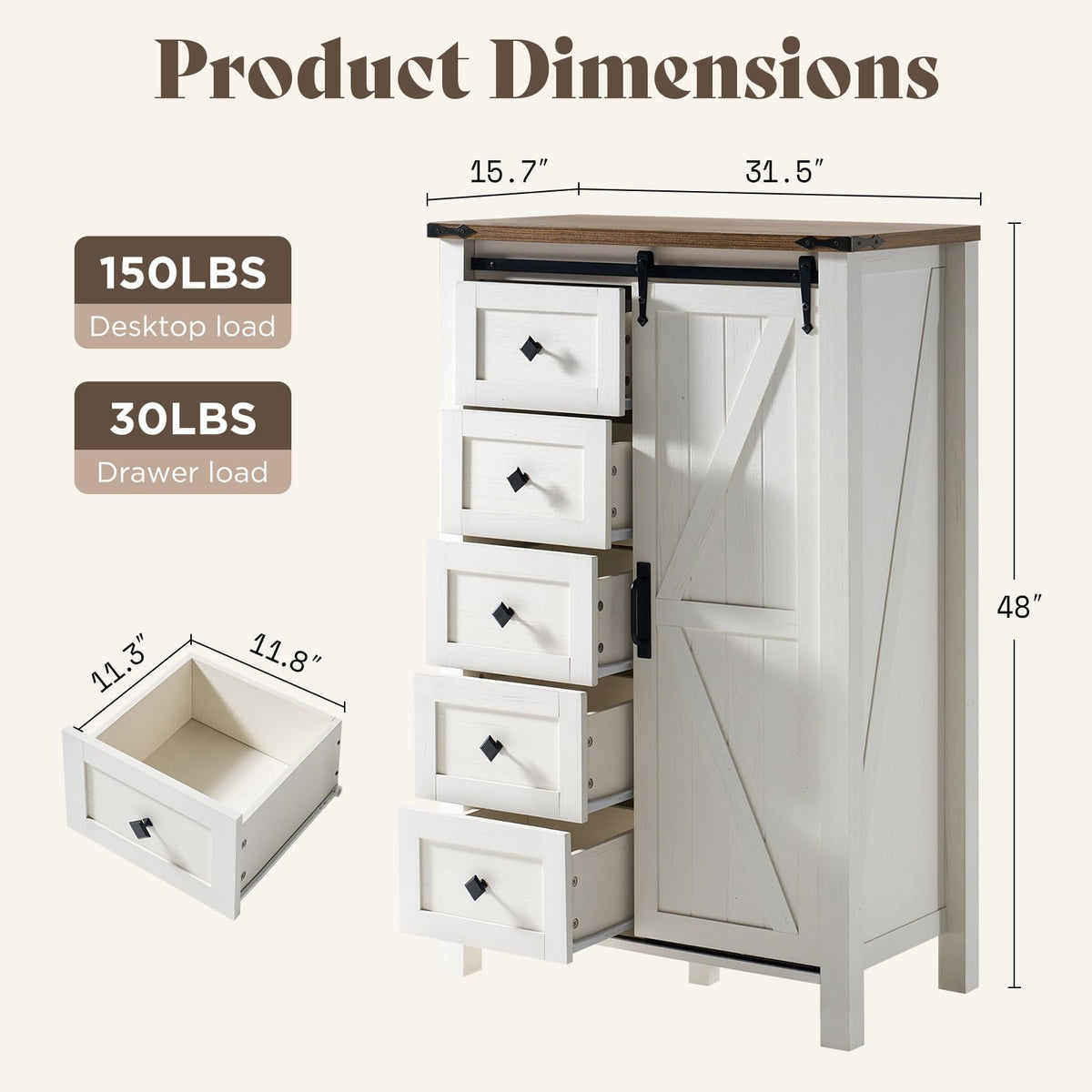 Marlowe Farmhouse Dresser with Drawers-15.8"D x 31.5"W x 48"H (5 Drawers)-Distressed White