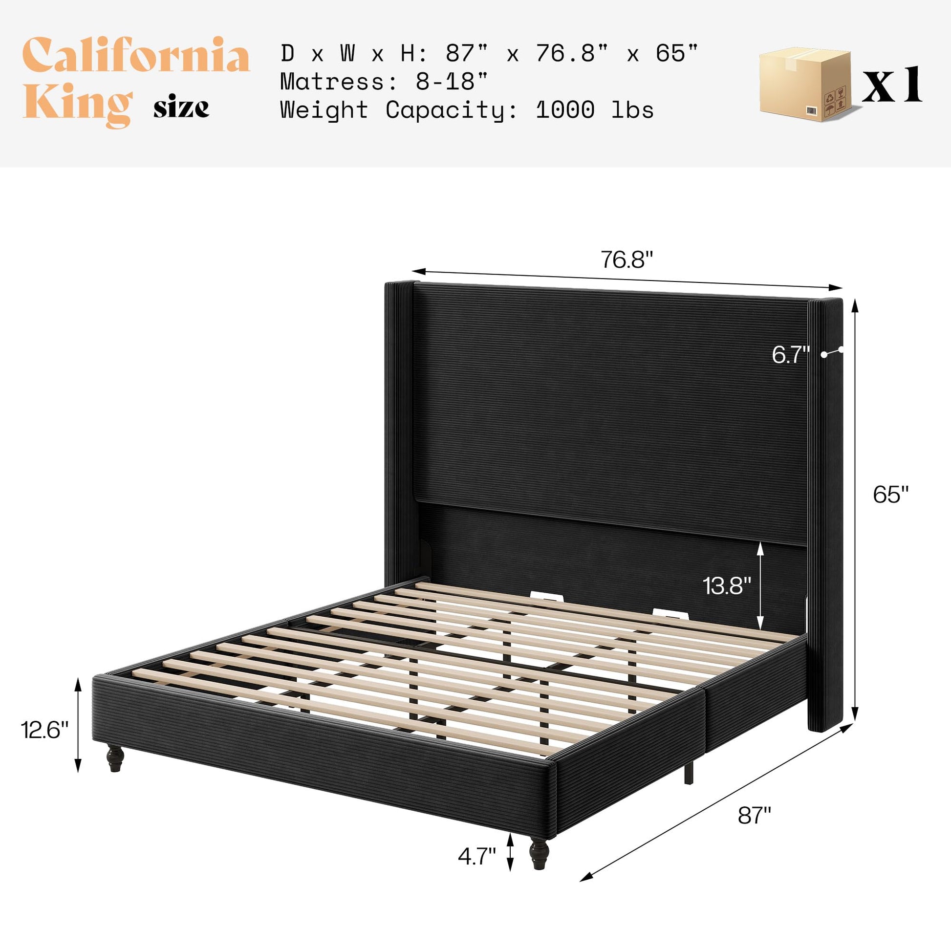 Cordelle Corduroy Wingback Bed Frame-California King-Black