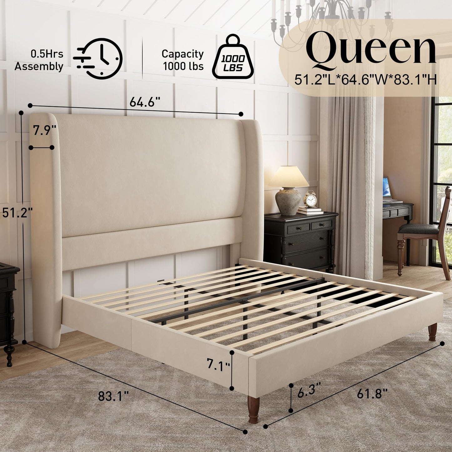 Tall Upholstered Bed Frame with Wingback Headboard-Queen-Off-white