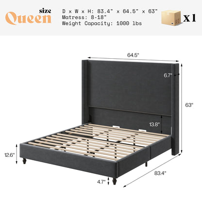 Cordelle Corduroy Wingback Bed Frame-Queen-Dark Grey