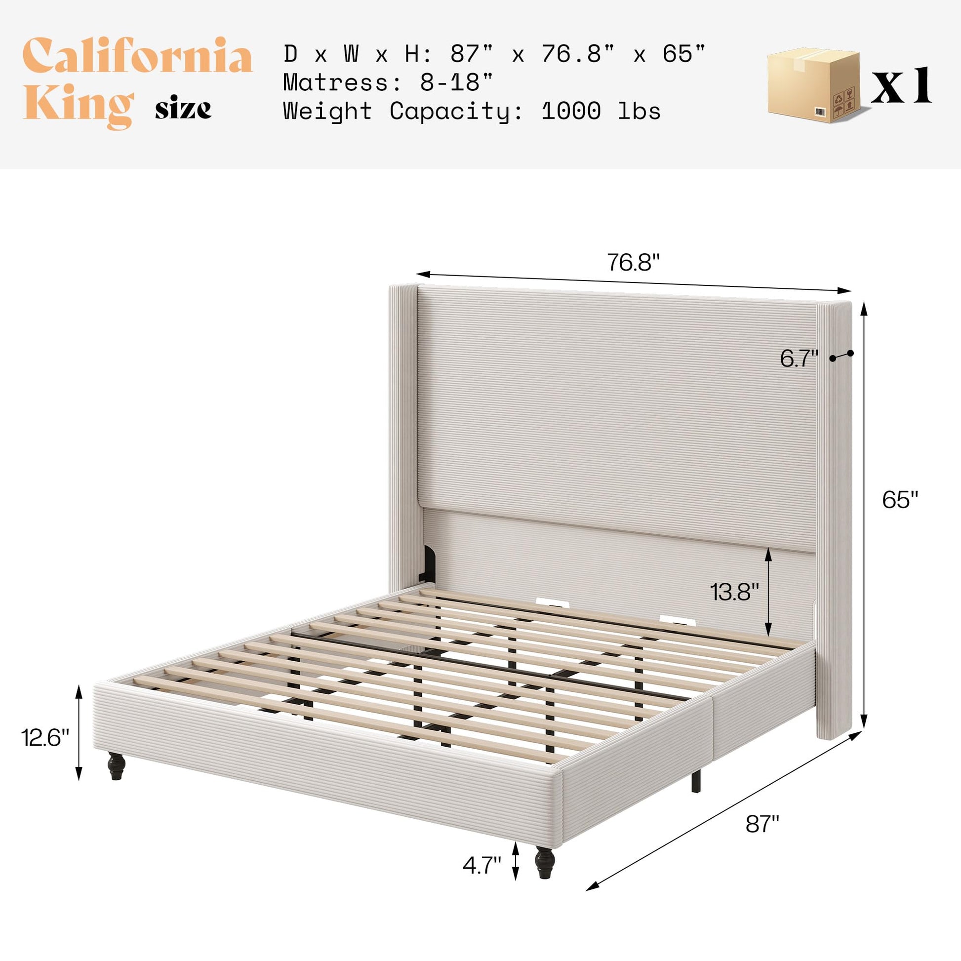 Cordelle Corduroy Wingback Bed Frame-California King-Cream