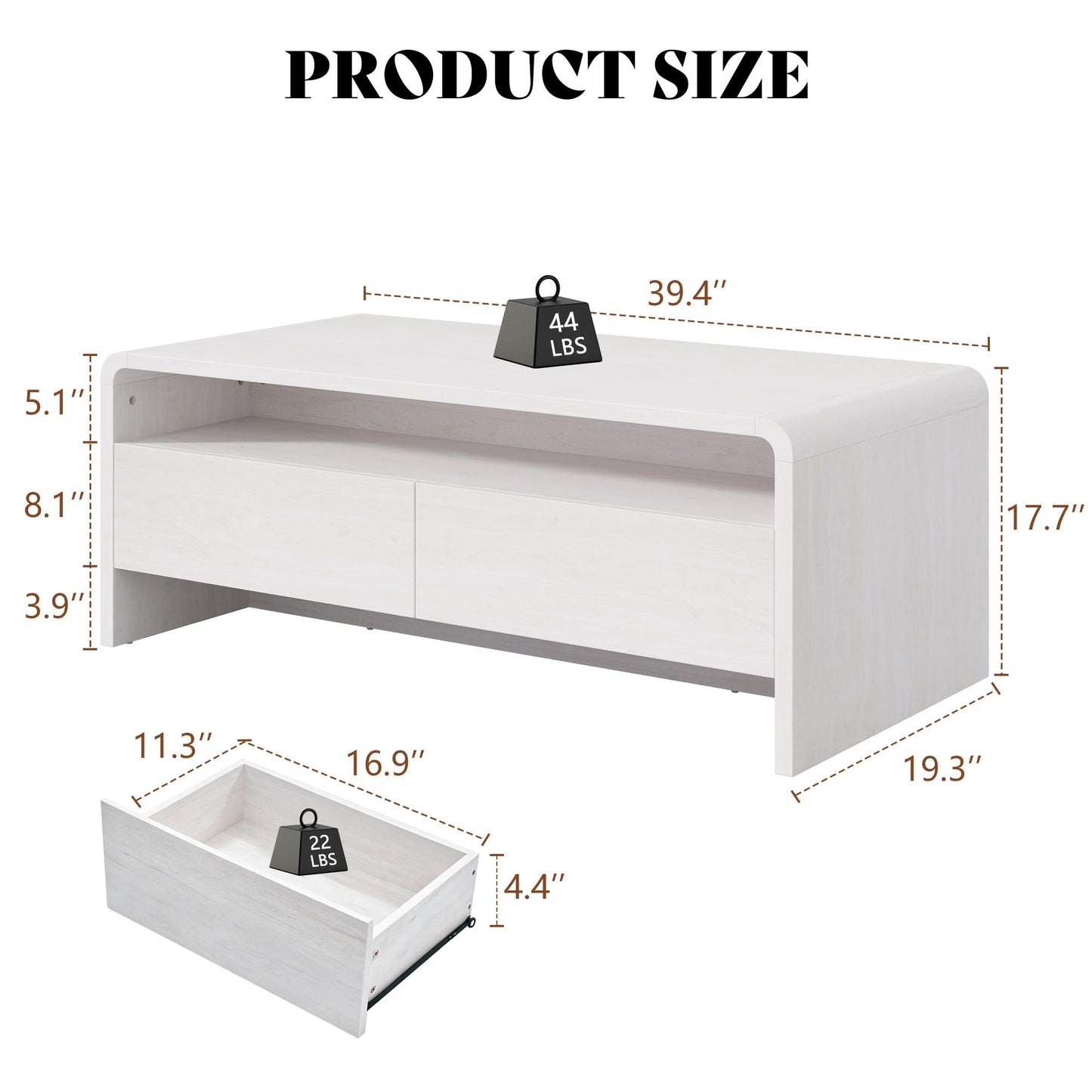 Modern Wood Grain Coffee Table with Drawers-White-Flat