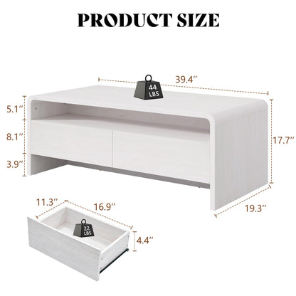 Modern Wood Grain Coffee Table with Drawers-White-Flat