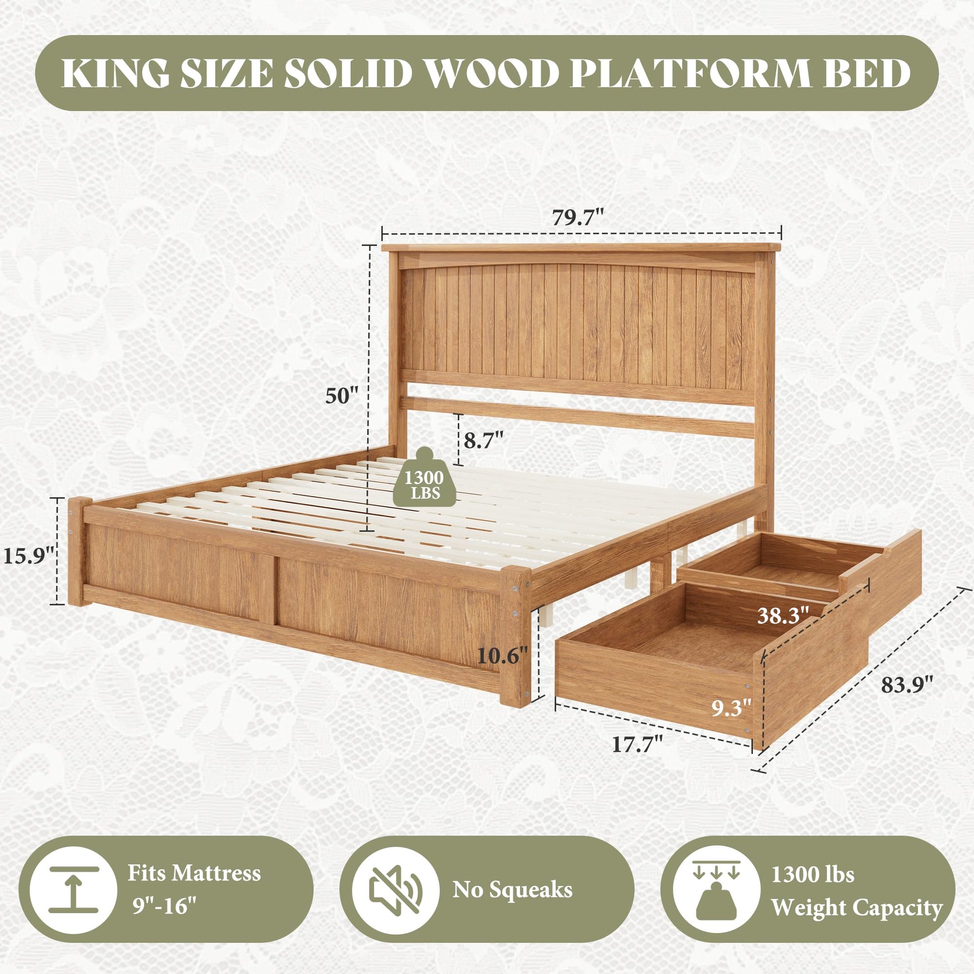Solid Wood Platform Bed Frame-King-Warm Brown