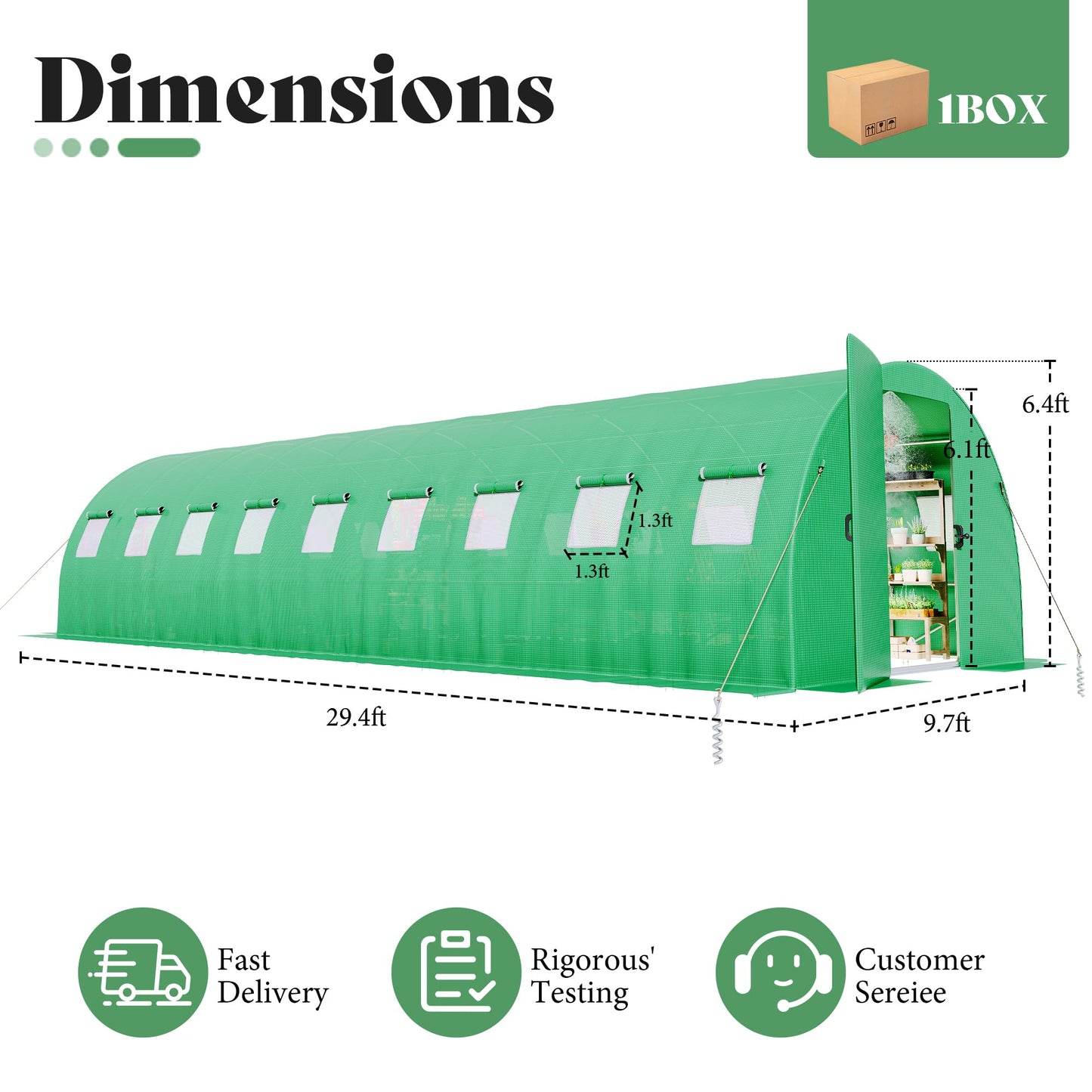 Pro Walk-In Greenhouse with Sprinkler System-30x10 FT(Frame NOT Included)-Green