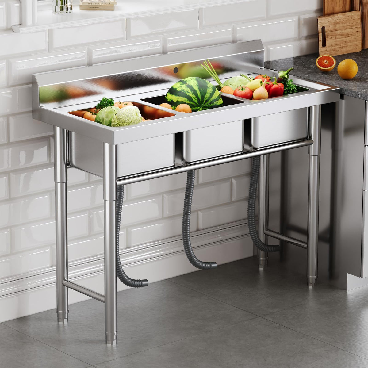 Plinth Stainless Steel Utility Sink with Faucet & Storage-Triple-Bowl