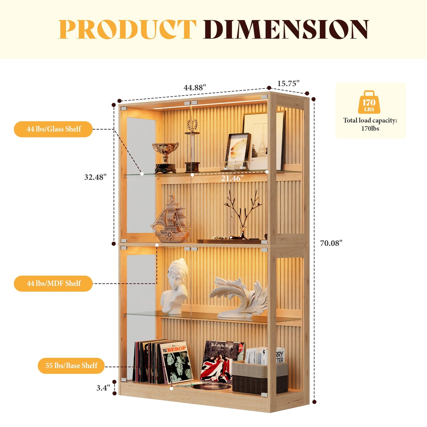 RGB Display Cabinet with Adjustable Glass Shelves Amerlife Wood / 45x16x70in