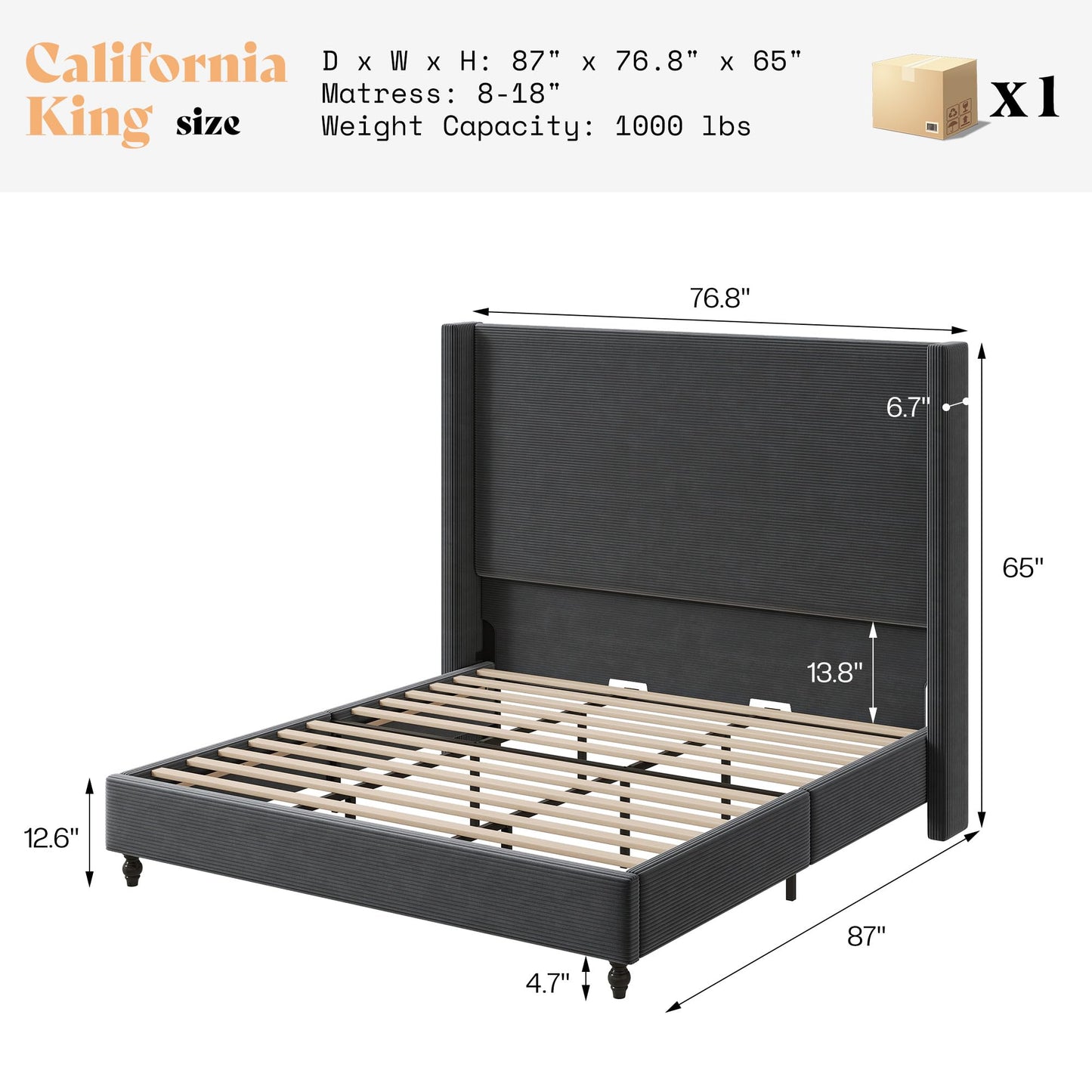 Cordelle Corduroy Wingback Bed Frame-California King-Dark Grey