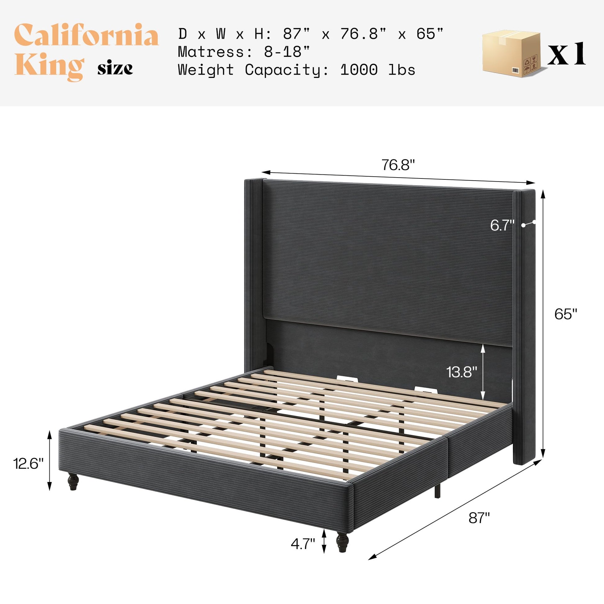 Cordelle Corduroy Wingback Bed Frame-California King-Dark Grey