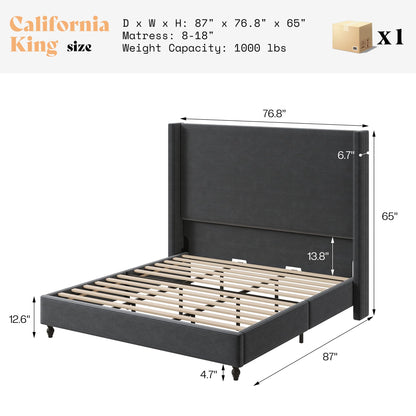 Cordelle Corduroy Wingback Bed Frame-California King-Dark Grey