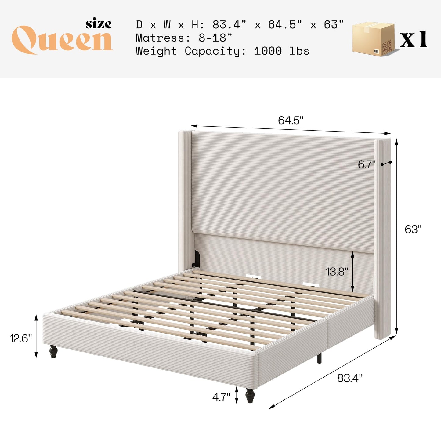 Cordelle Corduroy Wingback Bed Frame-Queen-Cream