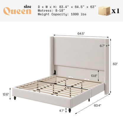 Cordelle Corduroy Wingback Bed Frame-Queen-Cream