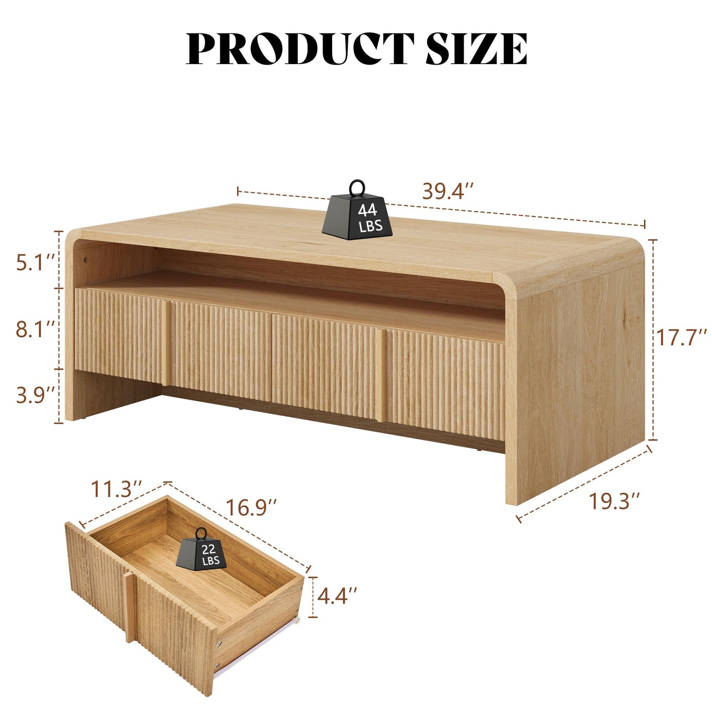 Modern Wood Grain Coffee Table with Drawers-Natural Oak-Fluted