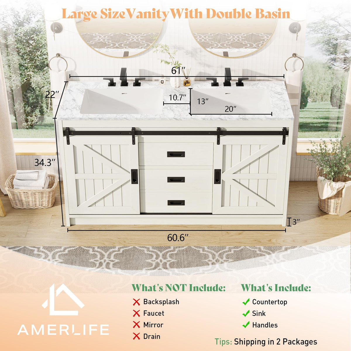 Bourbon Sliding Barn Vanity 60 inch Rustic White