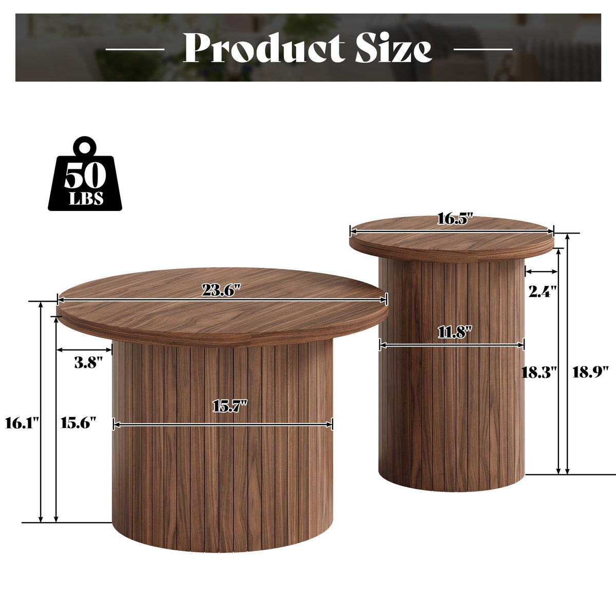 Briar Round Nesting Coffee Table Set with Full Fluted Design-Walnut