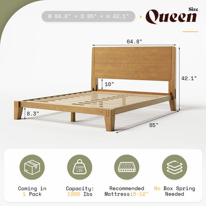 Japanese Joinery Solid Wood King Bed Frame-Queen-Brown Walnut