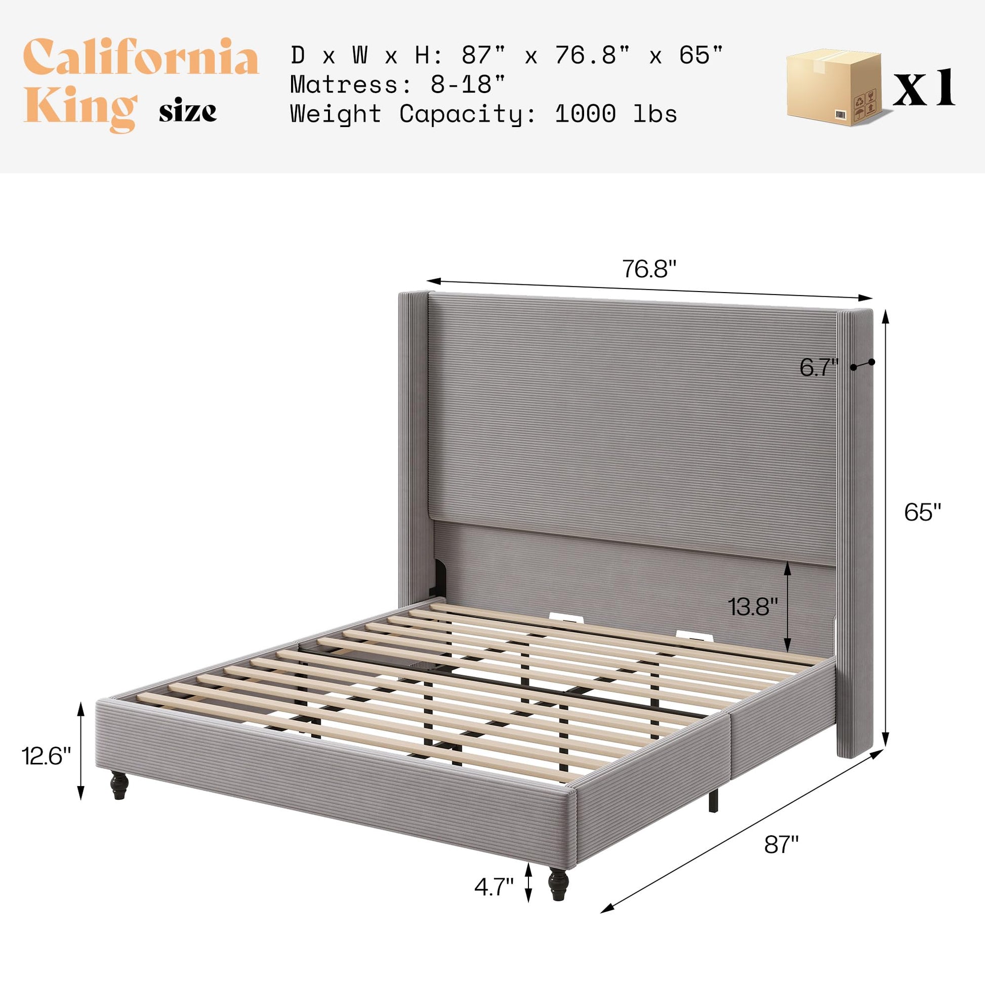 Cordelle Corduroy Wingback Bed Frame-California King-Light Grey