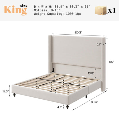 Cordelle Corduroy Wingback Bed Frame-King-Cream