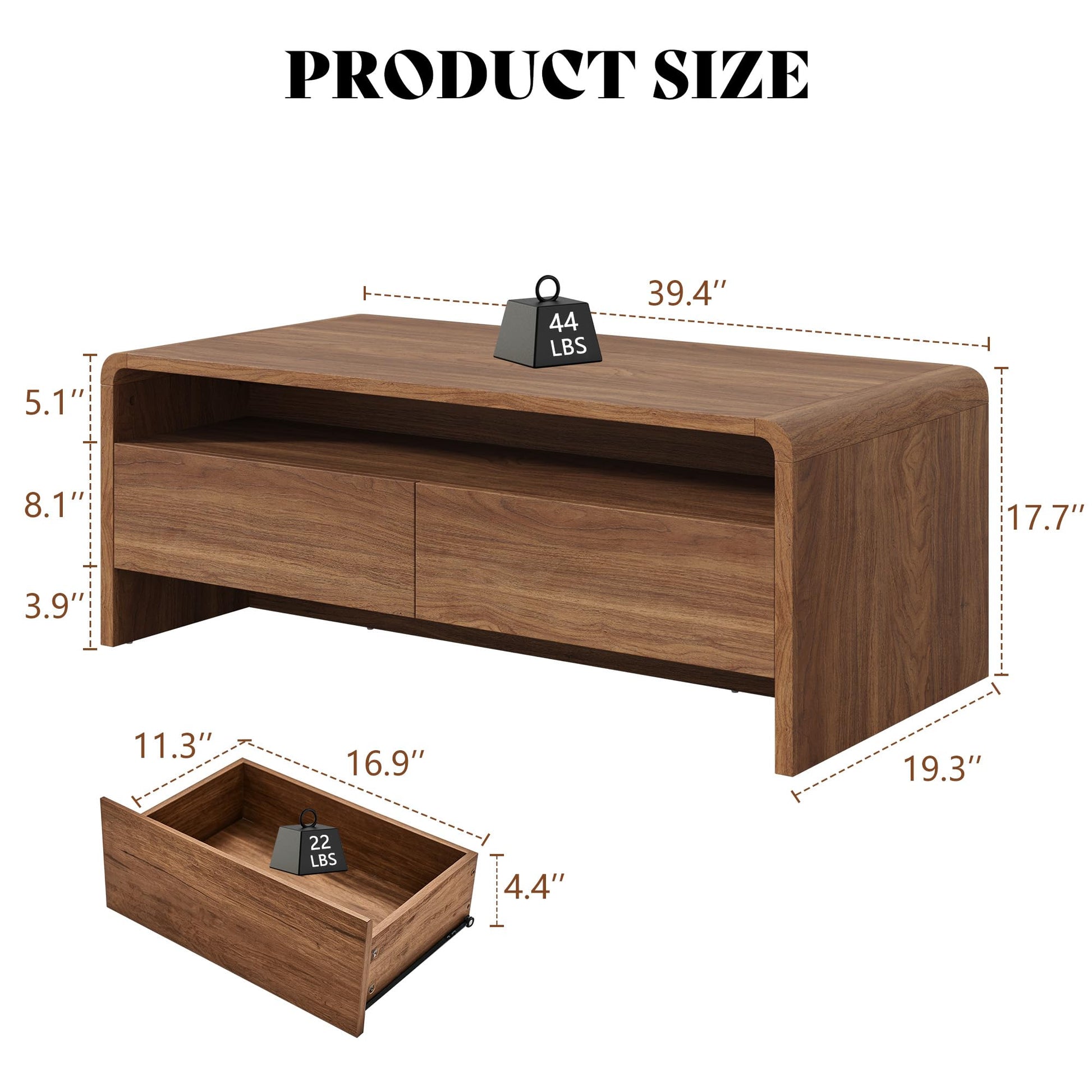 Modern Wood Grain Coffee Table with Drawers-Brown-Flat