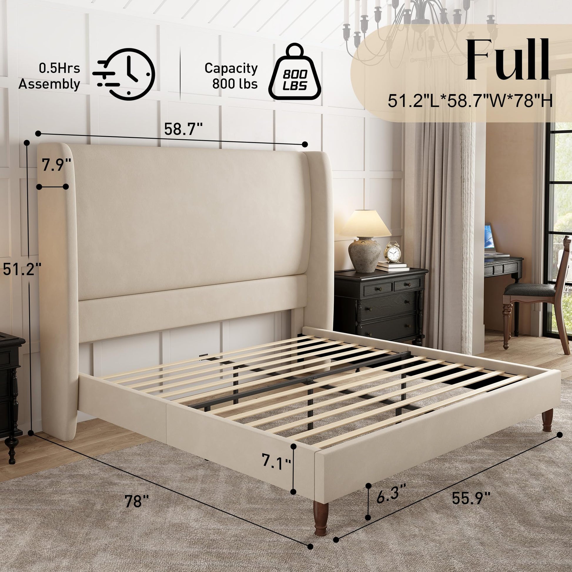Tall Upholstered Bed Frame with Wingback Headboard-Full-Off-white