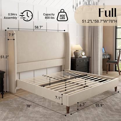 Tall Upholstered Bed Frame with Wingback Headboard-Full-Off-white