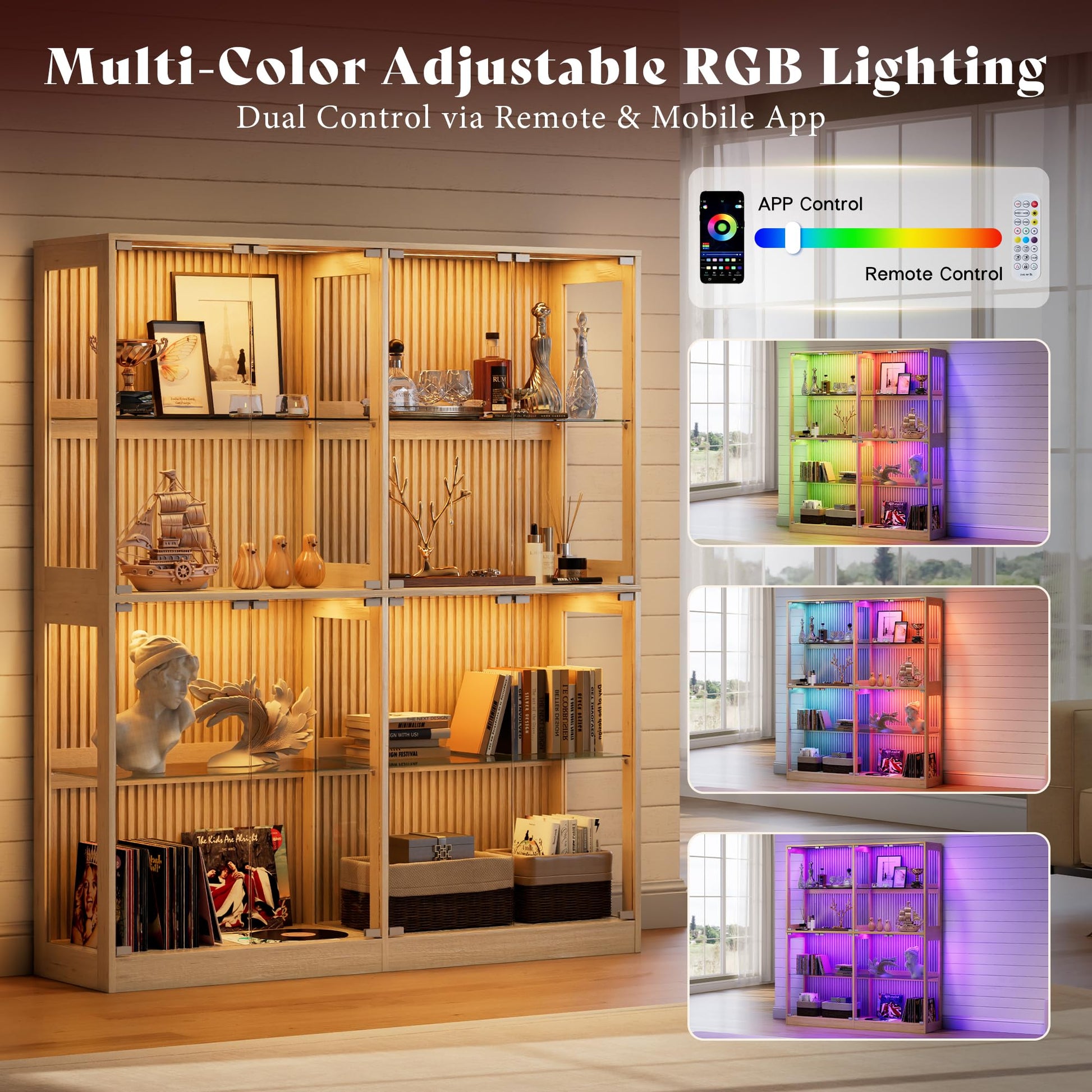 RGB Display Cabinet with Adjustable Glass Shelves Amerlife Wood / 32x16x70in