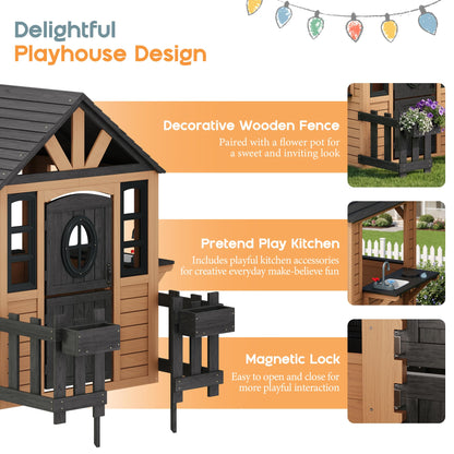 Wooden Outdoor Playhouse for Kids with Kitchen-Brown-51.4" L x 60.2" W x 60.2" H