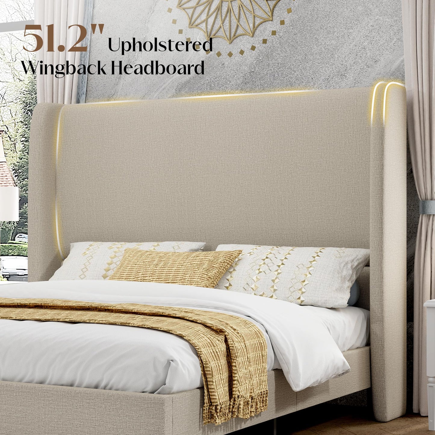Tall Upholstered Bed Frame with Wingback Headboard-Full-Khaki
