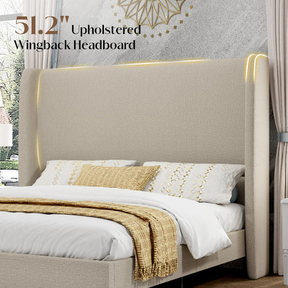 Tall Upholstered Bed Frame with Wingback Headboard-Full-Khaki