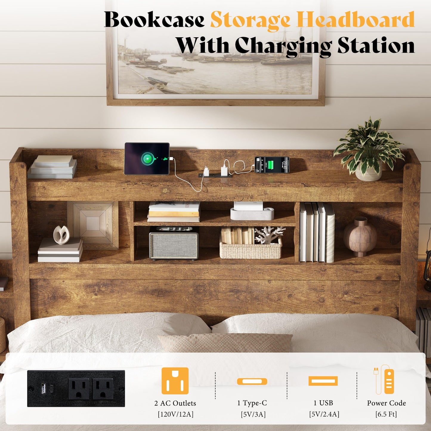 Farmhouse King Headboard with Storage & LED Lighting-Rustic Brown-King