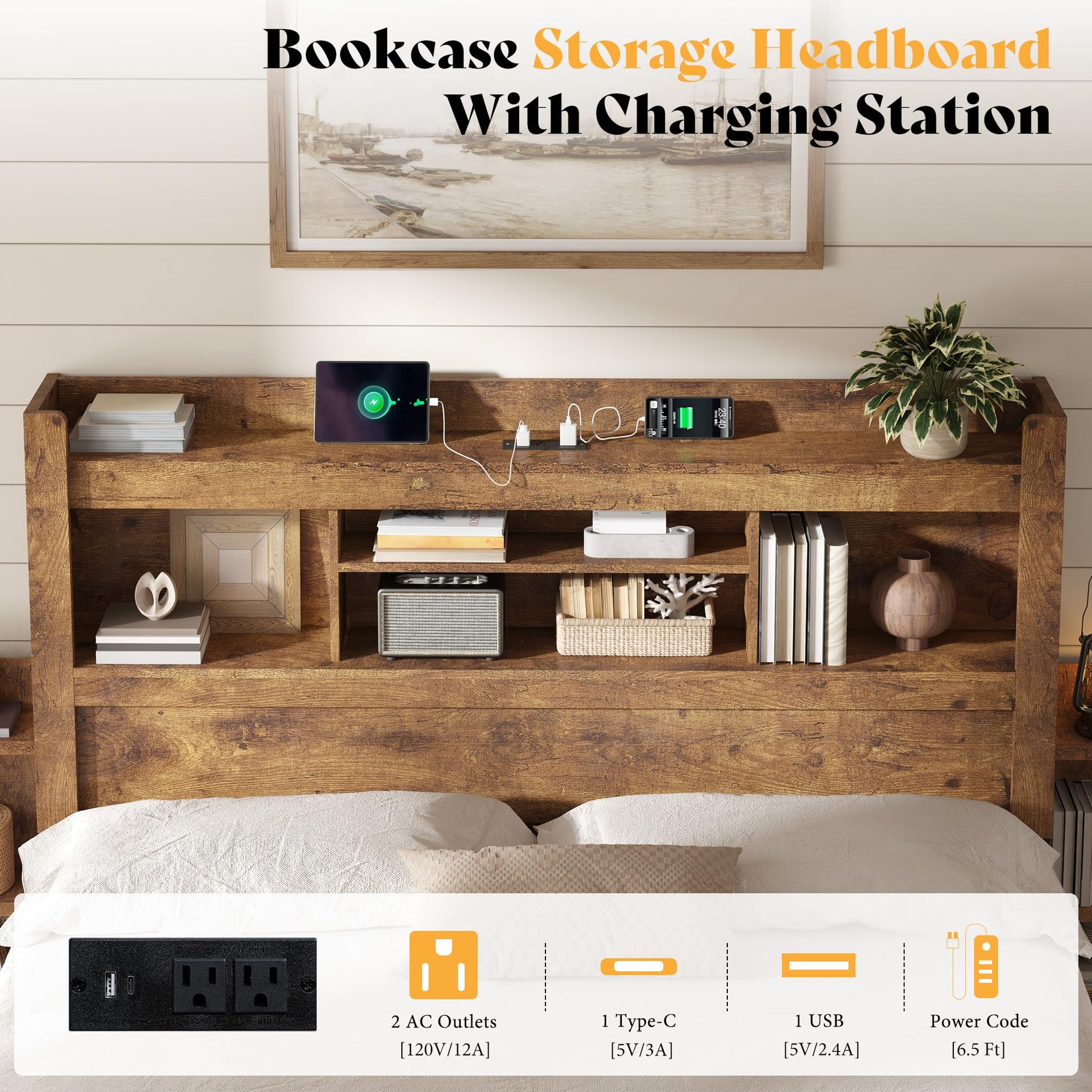 Farmhouse King Headboard with Storage & LED Lighting-Rustic Brown-King