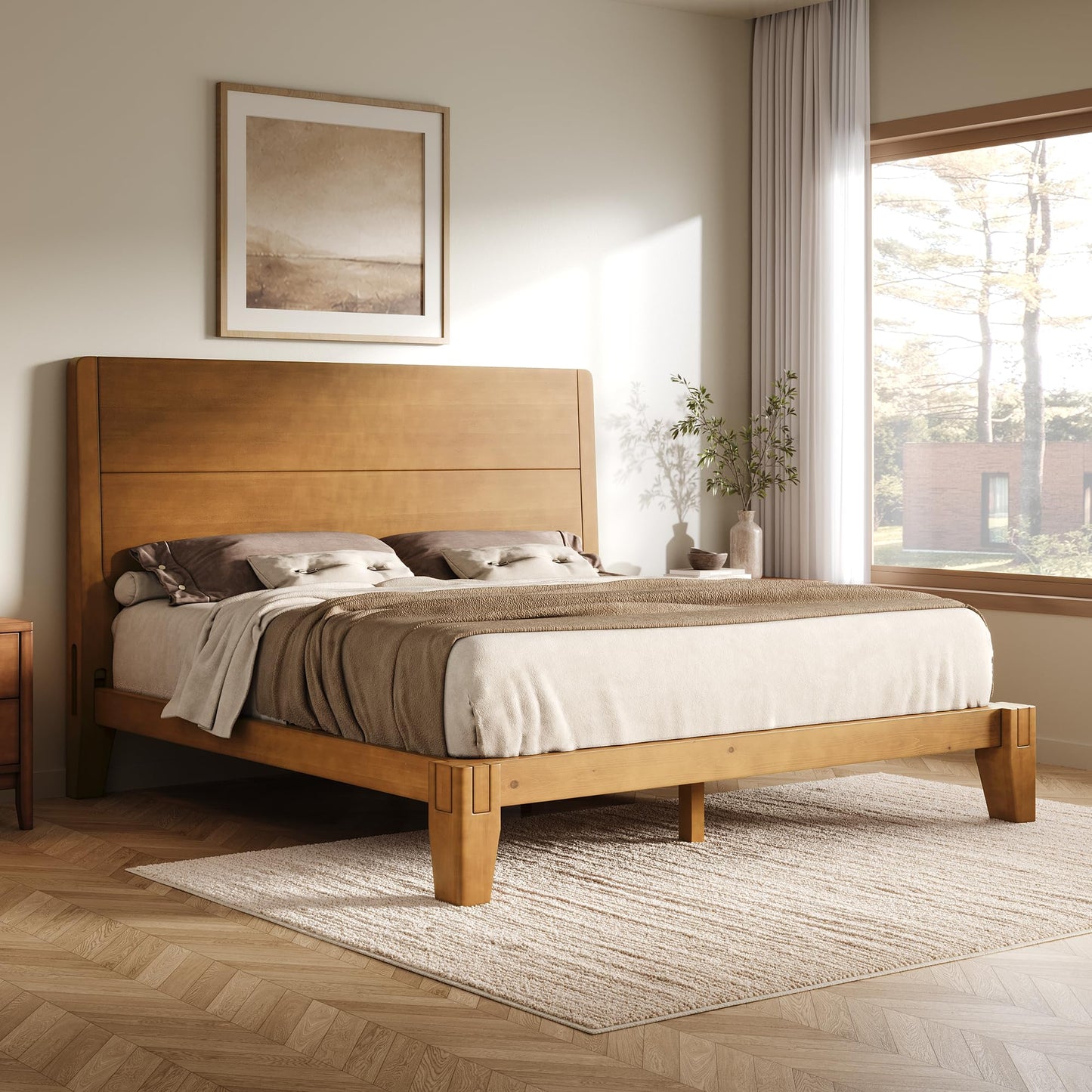 Japanese Joinery Solid Wood King Bed Frame-Queen-Brown Walnut