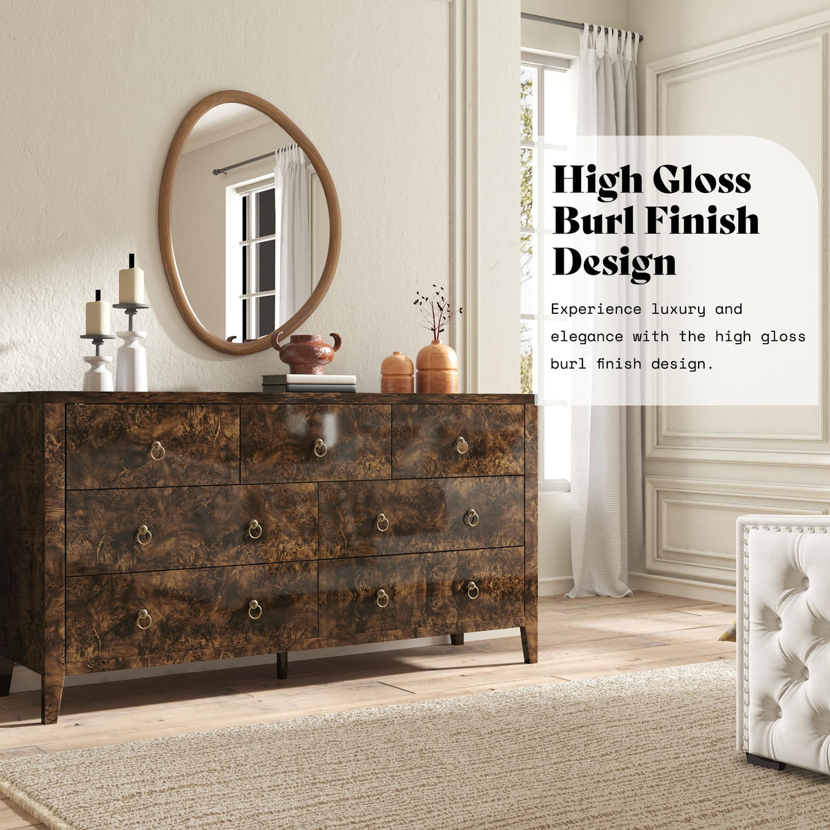 Burl Mid Century 7-Drawer Wood Dresser-Brown